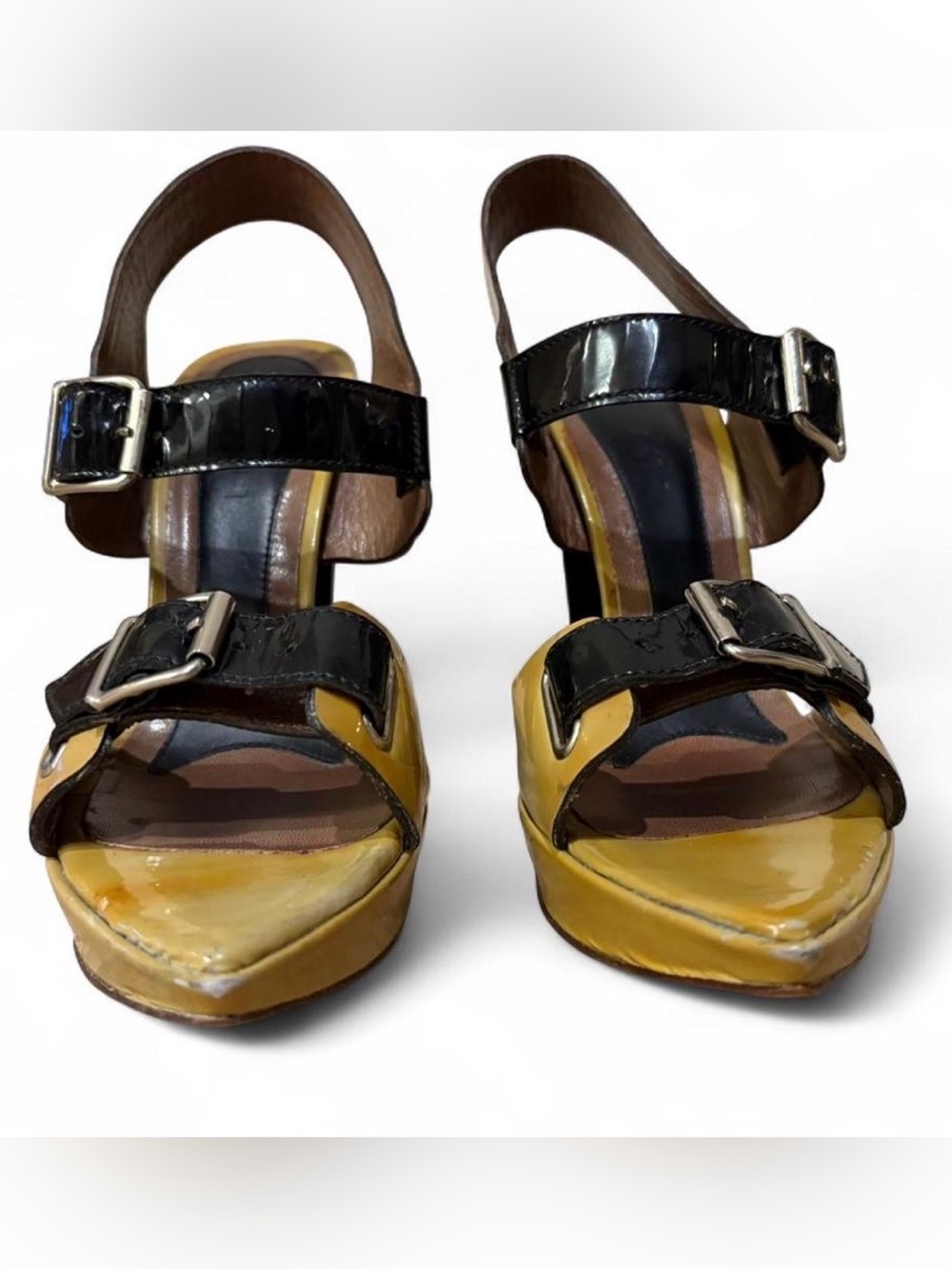 Marni Brown Yellow Ochre Black Patent Leather Platform Heels Buckles Sz 36/US 6 - Picture 6 of 11